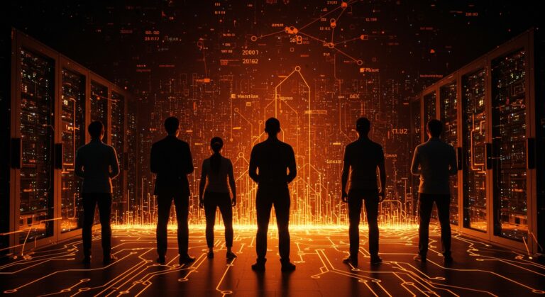 Inversiones en infraestructura IA con líderes tecnológicos frente a centros de datos futuristas en paleta naranja y negro.