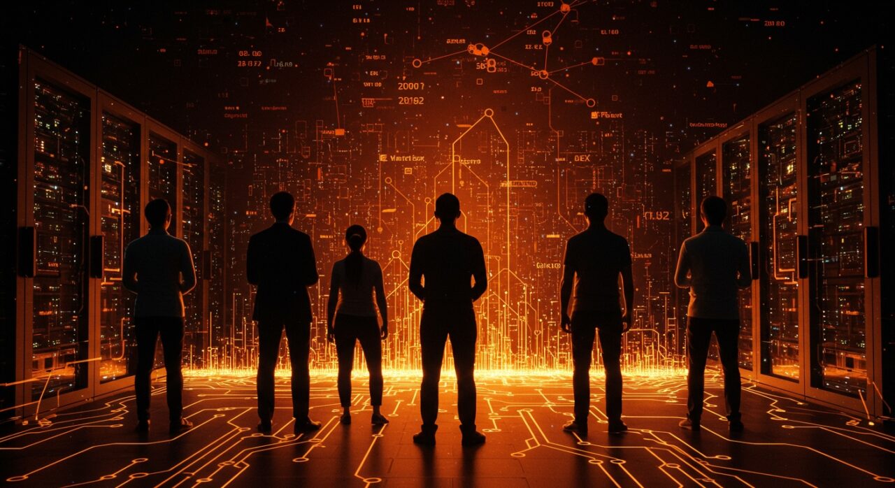 Inversiones en infraestructura IA con líderes tecnológicos frente a centros de datos futuristas en paleta naranja y negro.