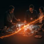 Inversiones mexicanas en startups argentinas representadas por empresarios colaborando sobre un mapa holográfico con flujos de capital y redes digitales de la economía del conocimiento.