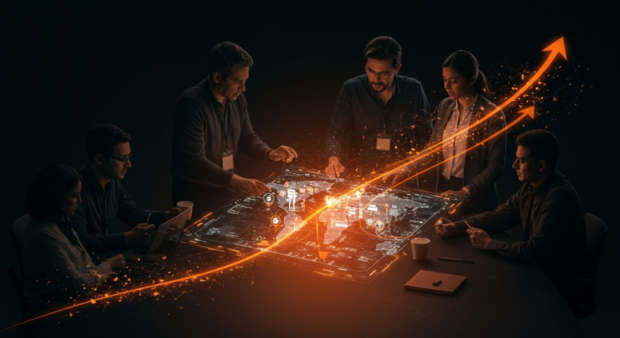 Inversiones mexicanas en startups argentinas representadas por empresarios colaborando sobre un mapa holográfico con flujos de capital y redes digitales de la economía del conocimiento.