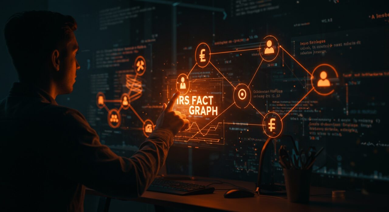 Representación visual del IRS Fact Graph open source para tecnología tributaria y automatización fiscal en startups.