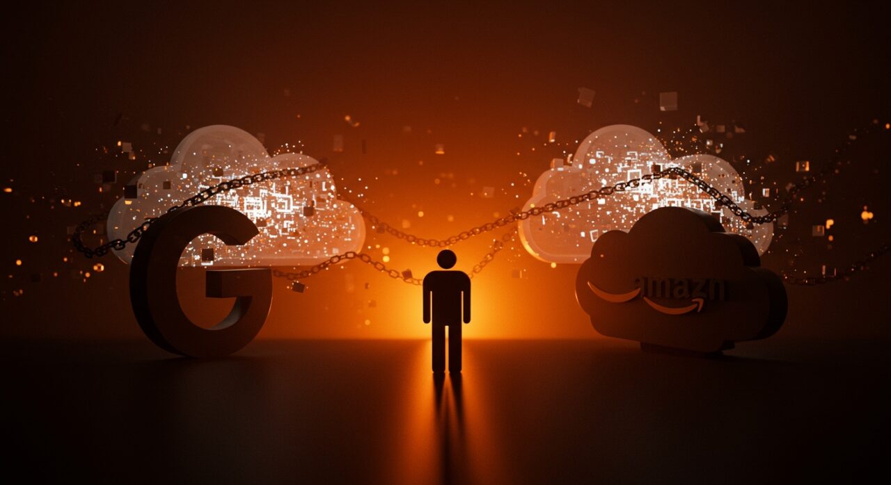 Ilustración editorial de Israel exigiendo estrategias secretas a Google y Amazon en la gestión legal y ética de datos en la nube.