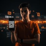 Joven desarrollador con app iOS bloqueando distracciones mediante QR para control de tiempo en pantalla y productividad digital.