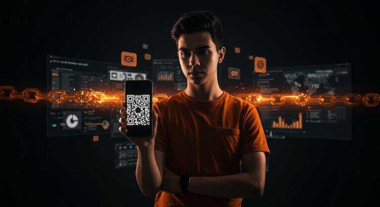 Joven desarrollador con app iOS bloqueando distracciones mediante QR para control de tiempo en pantalla y productividad digital.