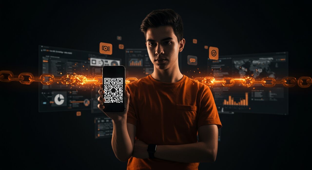 Joven desarrollador con app iOS bloqueando distracciones mediante QR para control de tiempo en pantalla y productividad digital.