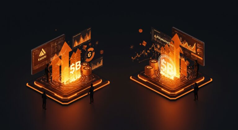 Visualización de plataformas de mercados de predicción Kalshi y Polymarket mostrando inversiones millonarias y crecimiento en fintech y capital riesgo.