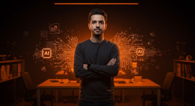 Andrés Valdivieso fundador de Kaspix en ambiente tecnológico futurista con circuitos analógicos y sensores IA representando innovación en inteligencia artificial.