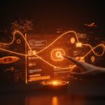 Interfaz digital de búsqueda y reserva de viajes con AI Mode de Kayak, destacando la inteligencia artificial en la planificación turística.