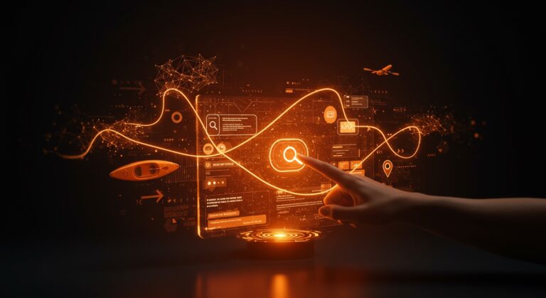 Interfaz digital de búsqueda y reserva de viajes con AI Mode de Kayak, destacando la inteligencia artificial en la planificación turística.