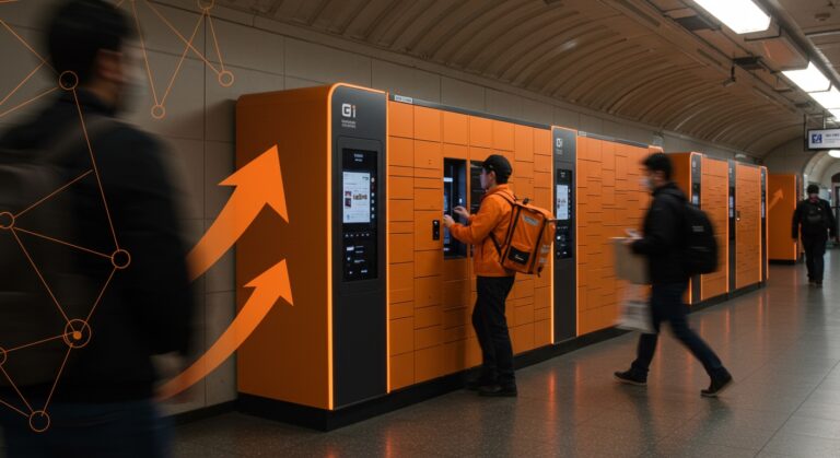 Lockers inteligentes de Kubi y Blue Express instalados en el Metro de Santiago, destacando innovación logística y entregas urbanas.