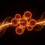 Visualización del autómata celular LACE en paleta naranja y negro, representando simulación compleja y redes adaptativas para inteligencia artificial y startups.