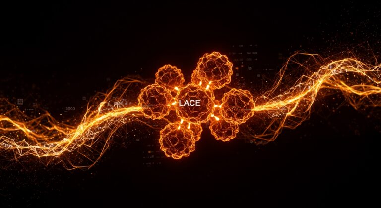 Visualización del autómata celular LACE en paleta naranja y negro, representando simulación compleja y redes adaptativas para inteligencia artificial y startups.