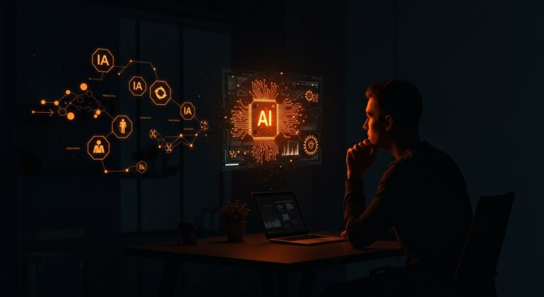 Lecciones clave en desarrollo de productos de IA mostrando un gerente de producto analizando una red neural luminosa en un entorno tecnológico moderno.