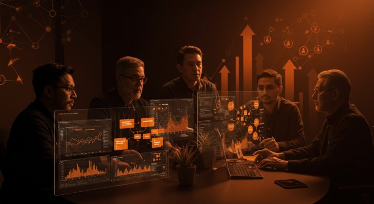 Lecciones de cultura de ingeniería en Amazon con líderes técnicos senior colaborando en un entorno futurista que simboliza liderazgo y comunidad técnica en startups.