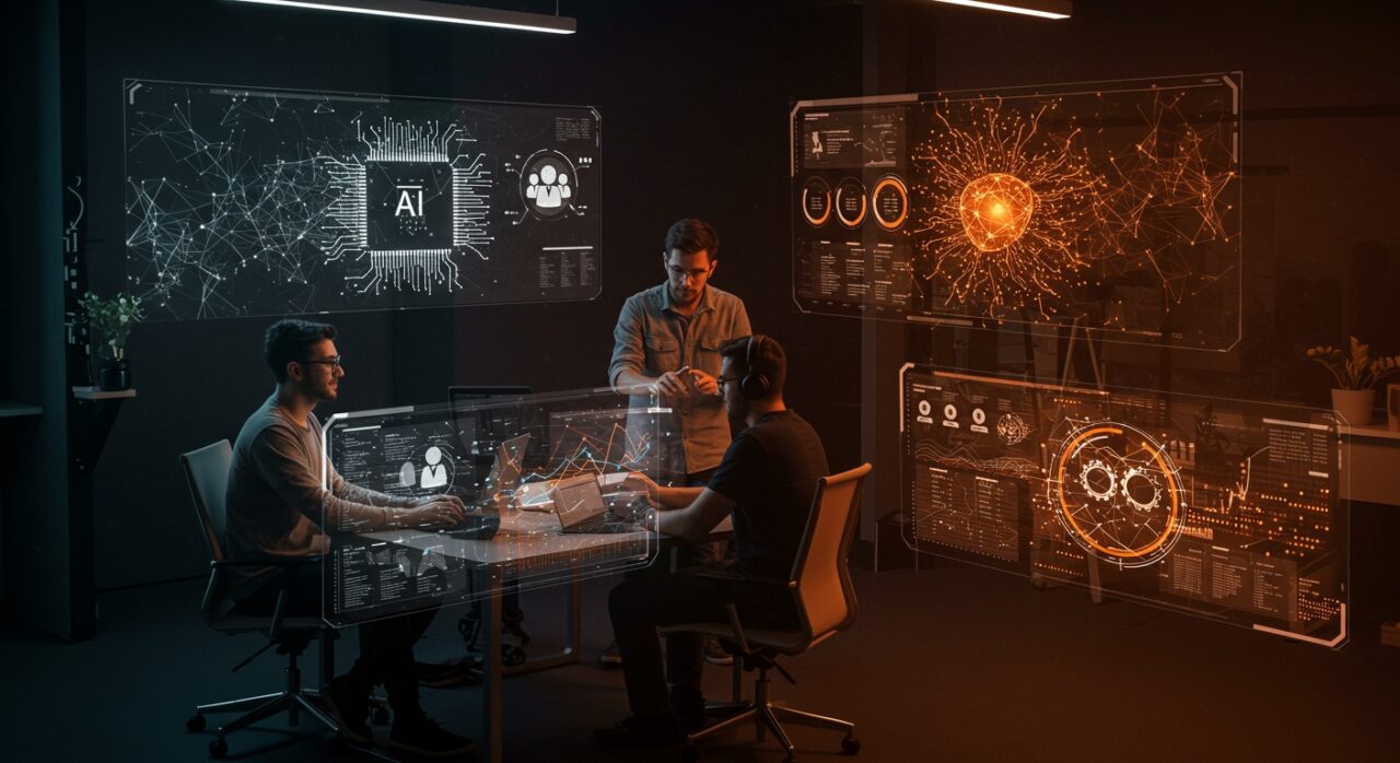 Tres startups innovadoras colaborando en tecnología empresarial con inteligencia artificial y gestión de talento en 2024.