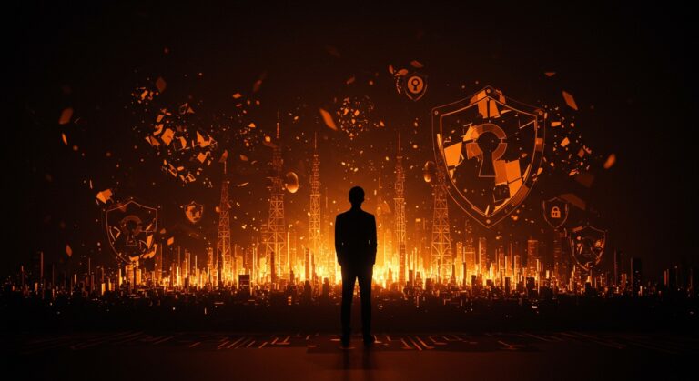 Incidente de ciberseguridad en LG Uplus y operadores surcoreanos de telecomunicaciones, ilustrado con metáforas digitales y paleta naranja y negra.