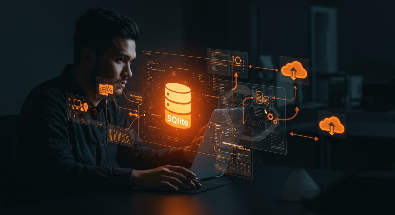 Desarrollador revisando sistema de backup SQLite con representaciones visuales de migración y respaldo en la nube en Ecosistema Startup.