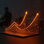 MacBook Air 2025 con chip M4 destacado en entorno de startup tecnológico con iluminación naranja y negra, representando innovación y accesibilidad en hardware para emprendedores.