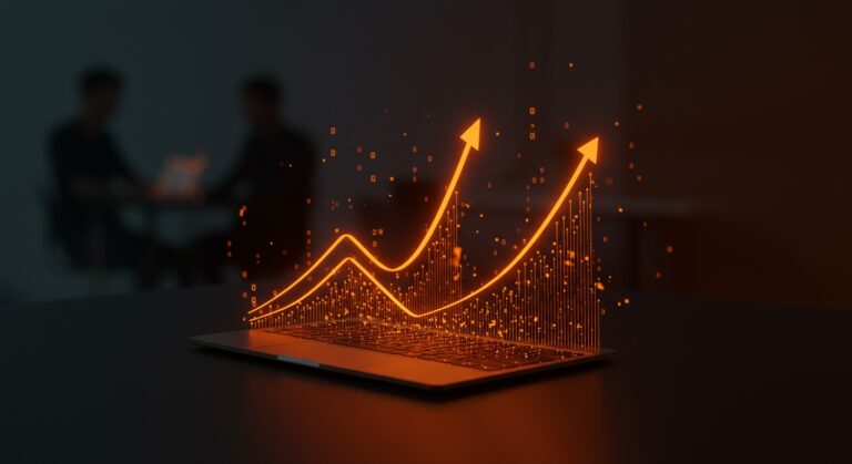 MacBook Air 2025 con chip M4 destacado en entorno de startup tecnológico con iluminación naranja y negra, representando innovación y accesibilidad en hardware para emprendedores.