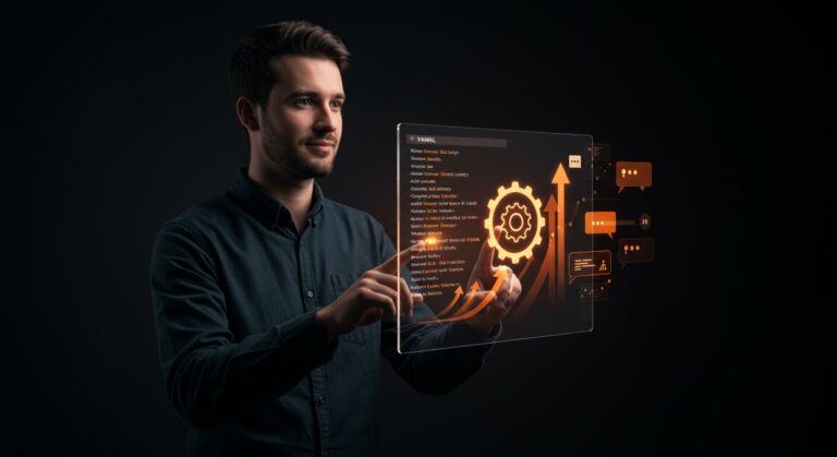 Fundador tech interactuando con lenguaje de configuración MAML que combina simplicidad de JSON y YAML, destacando automatización y desarrollo software.