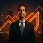 Marc Benioff de Salesforce apoyando el despliegue de la Guardia Nacional en San Francisco con metáforas visuales de liderazgo tech y tendencias del mercado en Silicon Valley.