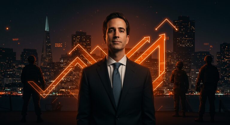 Marc Benioff de Salesforce apoyando el despliegue de la Guardia Nacional en San Francisco con metáforas visuales de liderazgo tech y tendencias del mercado en Silicon Valley.