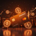Mastercard negociando la adquisición de Zerohash, representado con tarjeta Mastercard fusionándose con iconos digitales de stablecoins en un entorno fintech futurista.