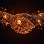 Visualización conceptual de Mastercard negociando la adquisición de Zerohash en criptomonedas y stablecoins con elementos fintech y blockchain en tonos naranja y negro.