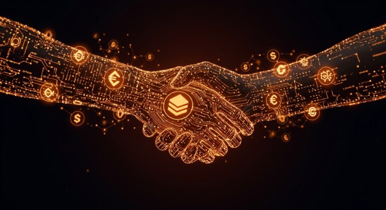 Visualización conceptual de Mastercard negociando la adquisición de Zerohash en criptomonedas y stablecoins con elementos fintech y blockchain en tonos naranja y negro.