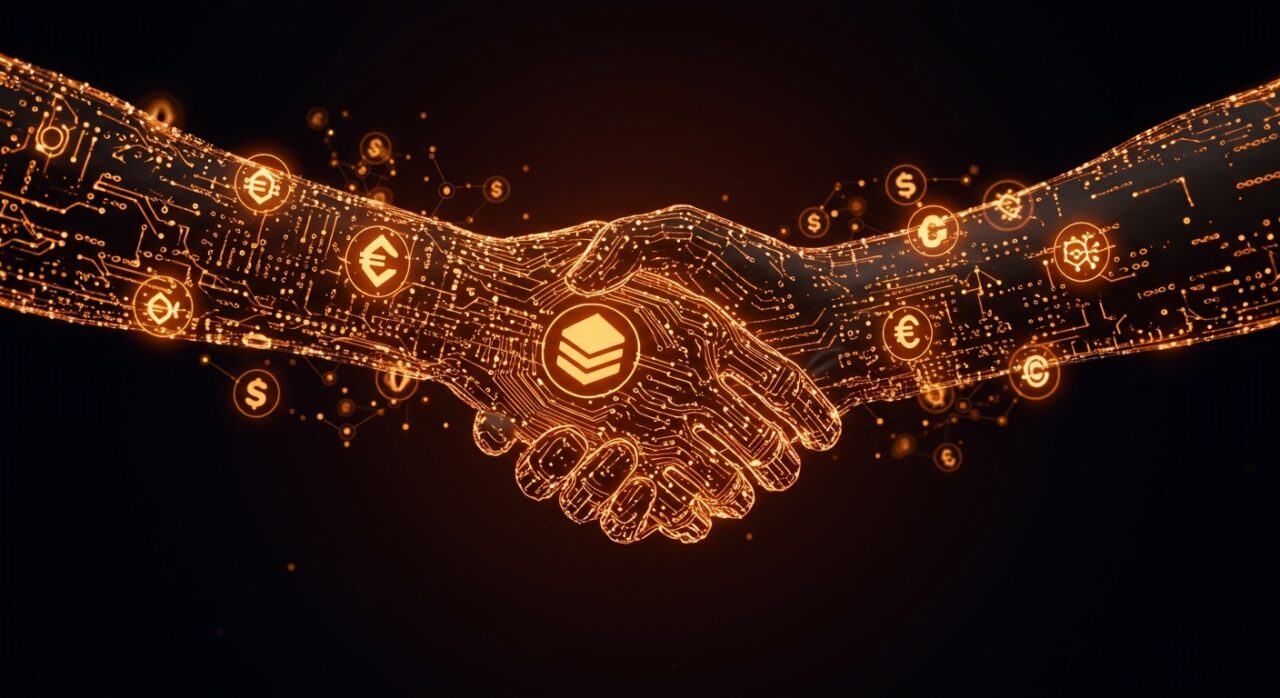 Visualización conceptual de Mastercard negociando la adquisición de Zerohash en criptomonedas y stablecoins con elementos fintech y blockchain en tonos naranja y negro.