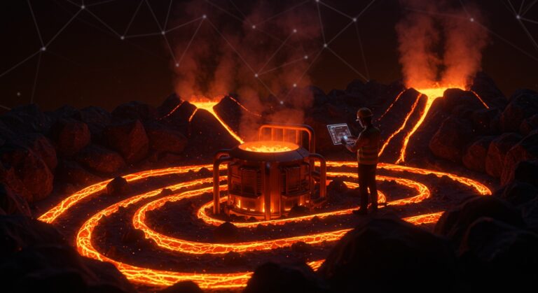 Tecnología avanzada de energía geotérmica limpia de Mazama Energy con rocas super-calientes y visualización digital innovadora en startups tecnológicas.