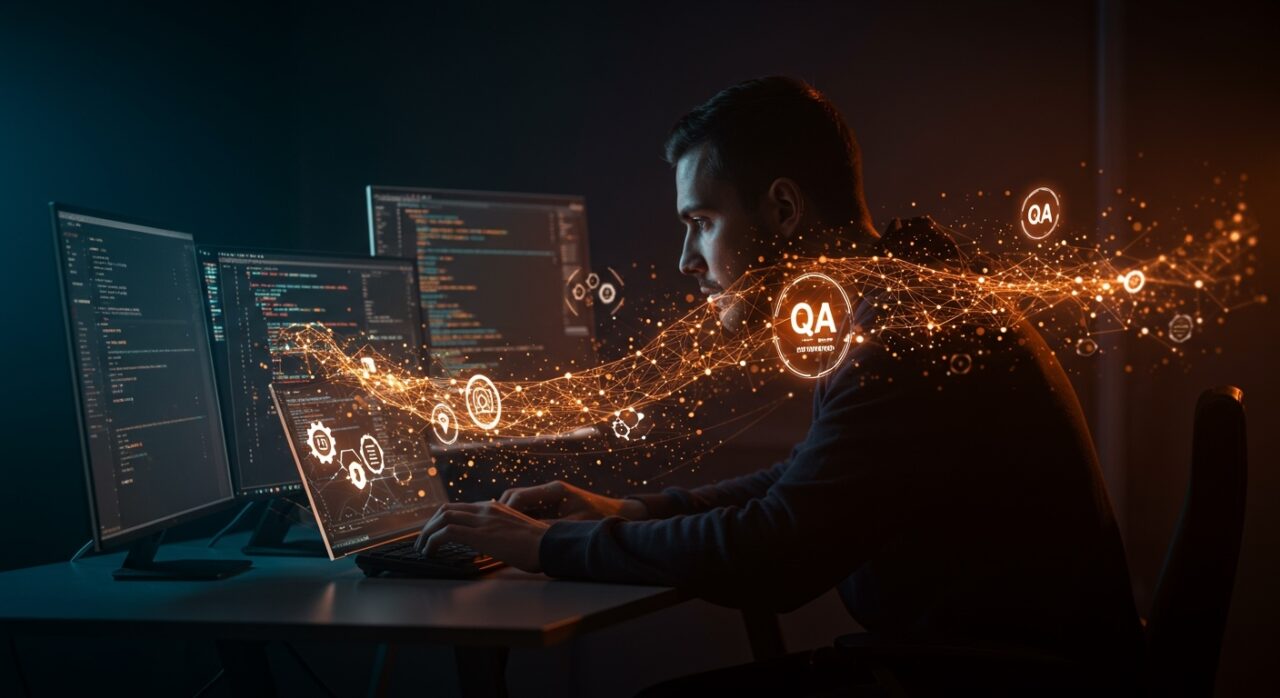 Desarrollador depurando código con herramientas avanzadas, simbolizando mejora de calidad de software y automatización en desarrollo tech.