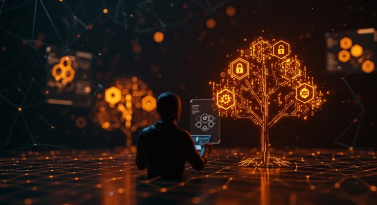 Ilustración digital de un árbol Merkle como símbolo de seguridad post-cuántica en criptografía, destacando eficiencia y protección en internet.