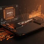 Imagen editorial de un SSD con visualizaciones holográficas que representan métricas de rendimiento y monitoreo avanzados en comparación con contadores CPU, destacando optimización y tendencias tecnológicas.