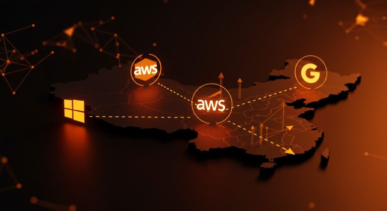 Ilustración de cadenas de suministro tecnológicas emergentes mostrando reducción de dependencia manufacturera de China por Microsoft, AWS y Google en la transformación global del ecosistema startup.