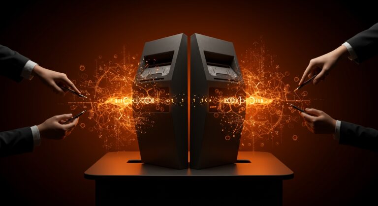 Máquinas de votación en EE.UU. bajo nuevo control empresarial representadas con metáforas visuales de tecnología electoral y seguridad.