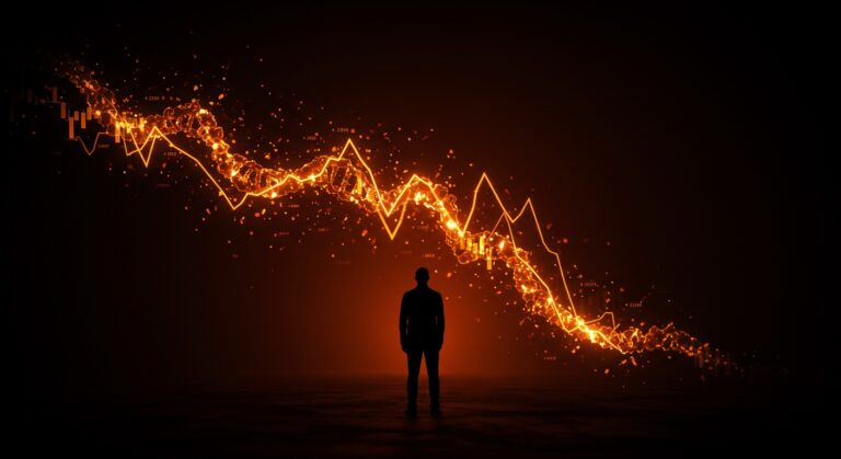 Representación visual de Moderna en biotecnología mostrando su ascenso y caída con metáforas de innovación y estrategia en vacunas mRNA.