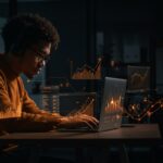 Founder concentrado transformando trabajo duro en impacto profesional aplicando Product Market Fit en entorno startup.