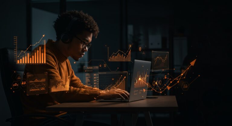 Founder concentrado transformando trabajo duro en impacto profesional aplicando Product Market Fit en entorno startup.