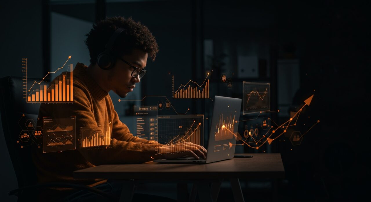 Founder concentrado transformando trabajo duro en impacto profesional aplicando Product Market Fit en entorno startup.