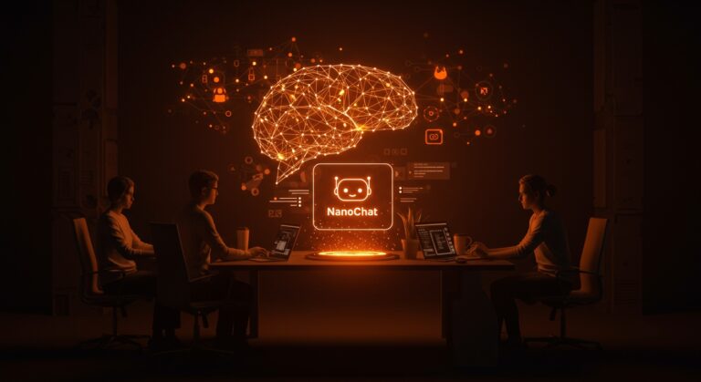 Startup tech team utilizando NanoChat, modelo conversacional de IA accesible, implementado con IA aplicada y automatización eficiente.