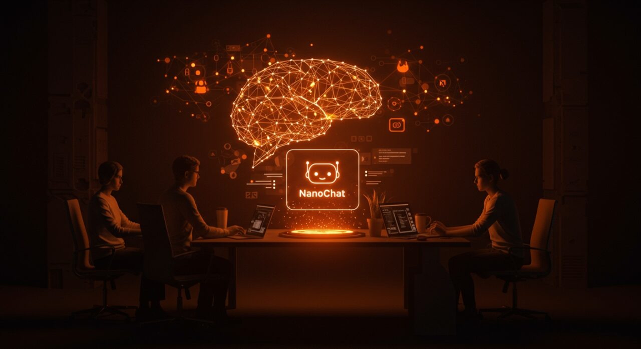 Startup tech team utilizando NanoChat, modelo conversacional de IA accesible, implementado con IA aplicada y automatización eficiente.