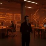 Oficinas de NeXT inspiradas en Steve Jobs con diseño tech en naranja y negro, representando la cultura startup y la innovación en Silicon Valley.