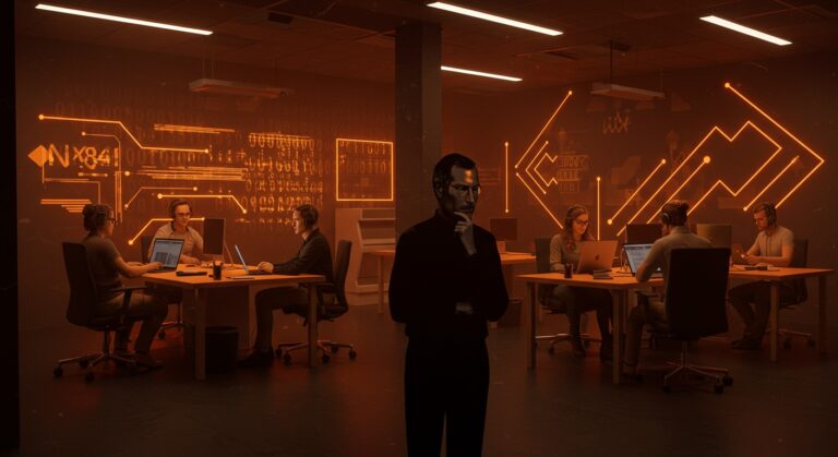 Oficinas de NeXT inspiradas en Steve Jobs con diseño tech en naranja y negro, representando la cultura startup y la innovación en Silicon Valley.