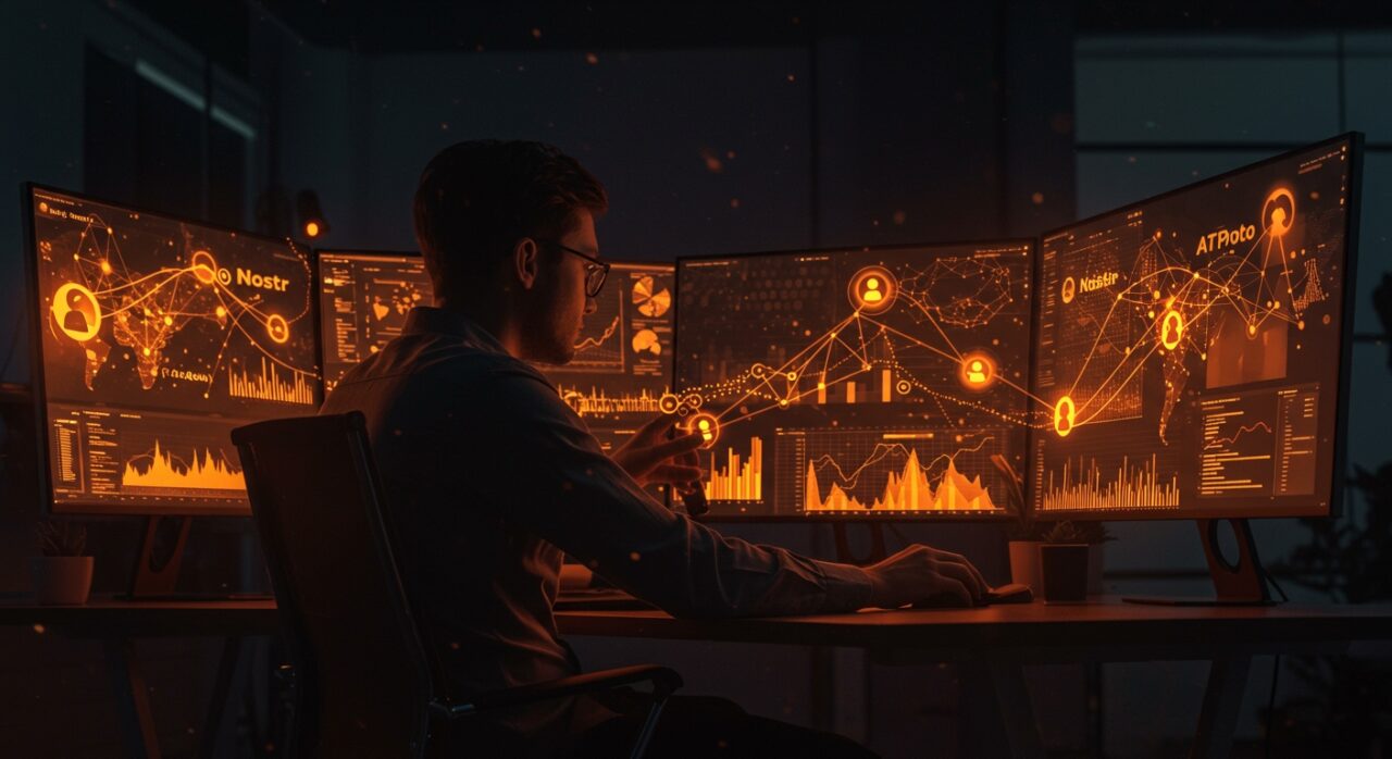 Análisis visual de protocolos descentralizados Nostr y ATProto en redes sociales, destacando descentralización e identidad digital para founders en 2024.