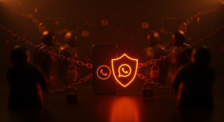 Escudo digital protegiendo usuarios de WhatsApp contra ataques cibernéticos de NSO Group en un contexto de seguridad digital empresarial.