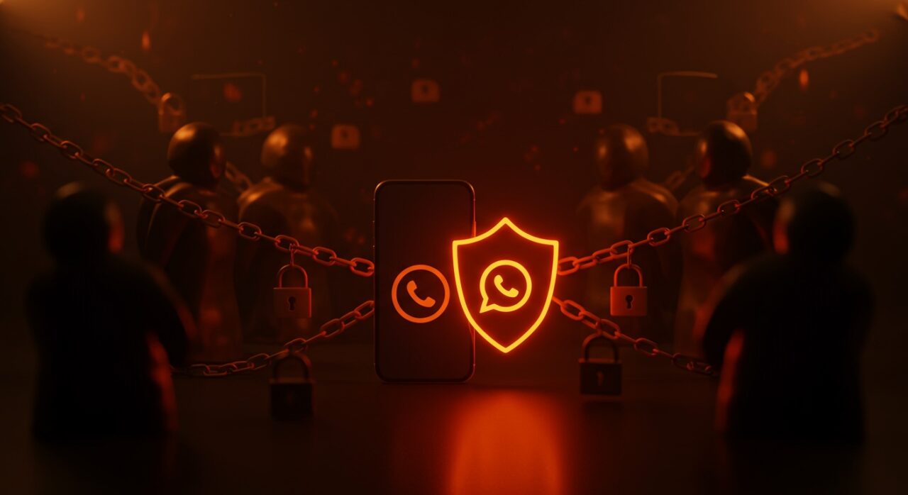 Escudo digital protegiendo usuarios de WhatsApp contra ataques cibernéticos de NSO Group en un contexto de seguridad digital empresarial.
