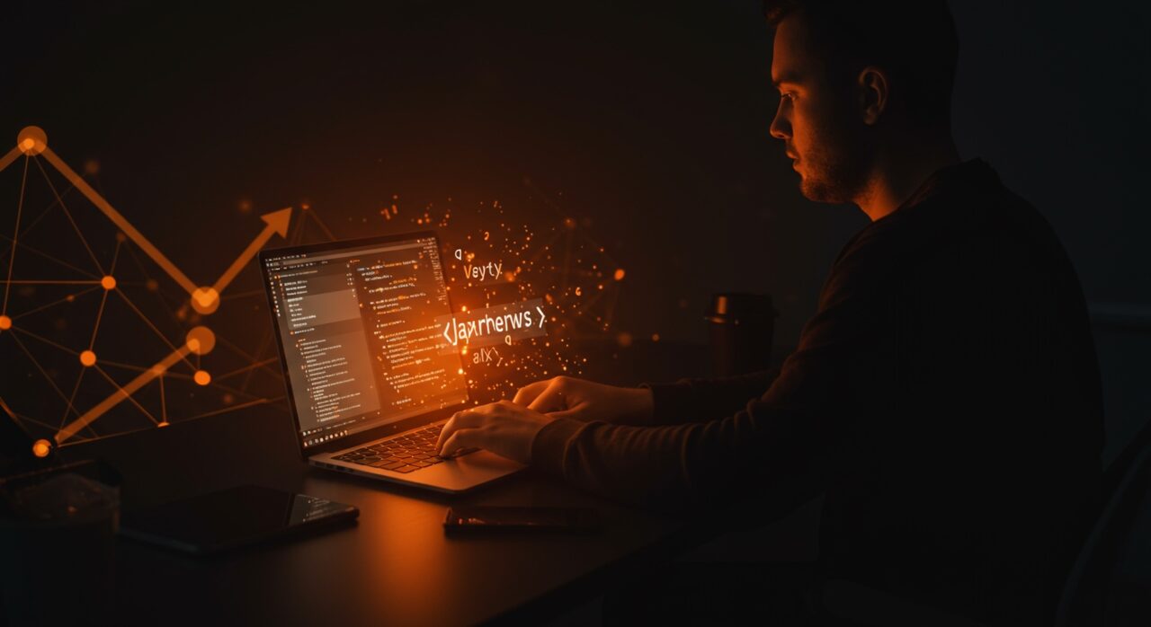 Desarrollador programando el nuevo frontend de Hacker News con JavaScript vanilla, mostrando optimización web y arquitectura para startups tecnológicas.