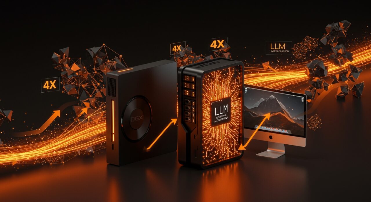 Aceleración de inferencia LLM con NVIDIA DGX Spark y Apple Mac Studio mediante EXO 1.0 en hardware de IA optimizado.