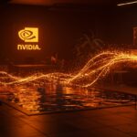 Inversión de Nvidia en Poolside reforzando liderazgo en IA con energía digital y entorno tecnológico futurista.